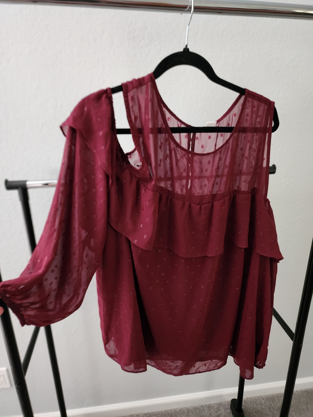 Old Navy Burgundy Cold-Shoulder Sheer Sleeve Ruffle Blouse